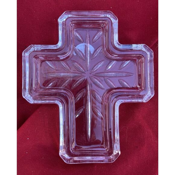 Cross-Shaped Clear Glass Lidded Trinket Dish Approx 4.5" Long 4" Wide 2" High - Picture 1 of 10